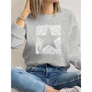 Beyaz Yıldız Baskılı Bisiklet Yaka Gri Sweatshirt