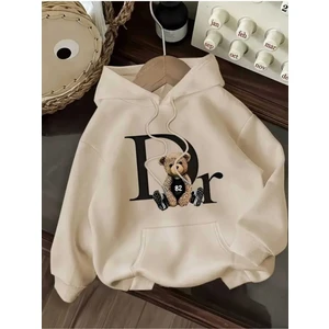 Dior Ayı Baskılı Kapüşonlu Cepli Içi Yünlü Bej Sweatshirt