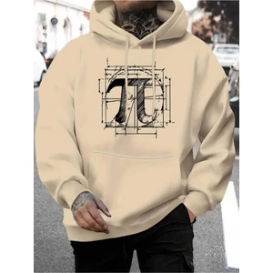Pi Sayısı Baskılı Kapüşonlu Cepli Pamuklu Bej Sweatshirt