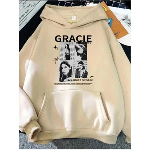 Gracie Abrams Baskılı Kapüşonlu Cepli Pamuklu Bej Sweatshirt