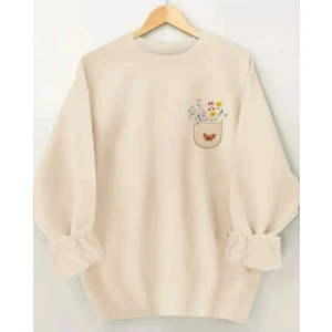 Çiçekli Cep Göğüs Baskılı Bisisklet Yaka Bej Sweatshirt