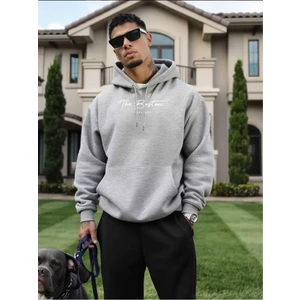The Boston Est Baskılı Kapüşonlu Cepli Içi Yünlü Gri Sweatshirt