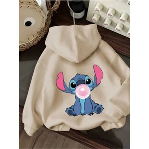 Stitch Arka Baskılı Kapüşonlu Cepli Içi Yünlü Bej Sweatshirt