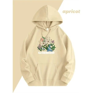 All Things Grow Baskılı Kapüşonlu Cepli Içi Yünlü Bej Sweatshirt