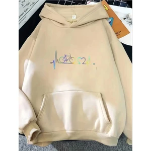 Bisiklet Kalp Ritim Baskılı Kapüşonlu Cepli Pamuklu Bej Sweatshirt
