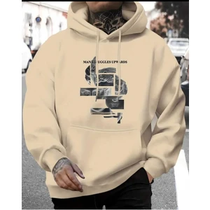 Man Struggles Baskılı Kapüşonlu Cepli Içi Yünlü Bej Sweatshirt