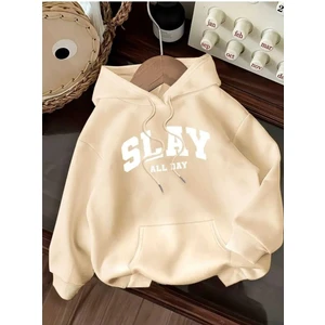 Slay All Day Baskılı Kapüşonlu Cepli Içi Yünlü Bej Sweatshirt