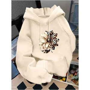 Yarı Leopar Çiçek Baskılı Kapüşonlu Cepli Içi Yünlü Bej Sweatshirt