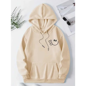 Gülümseyen Yüz Göğüs Baskılı Kapüşonlu Cepli Içi Yünlü Bej Sweatshirt