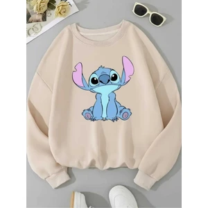 Stitch Baskılı Bisiklet Yaka Bej Sweatshirt