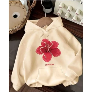 Hibiscus Baskılı Kapüşonlu Cepli Pamuklu Bej Sweatshirt