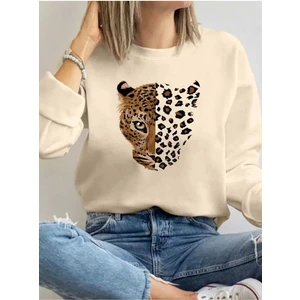 Yarım Yüz Leopar Baskılı Bisiklet Yaka Bej Sweatshirt