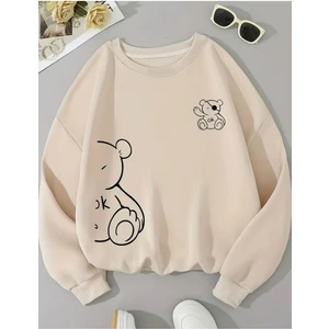 Sevimli Ayı Baskılı Bisiklet Yaka Bej Sweatshirt