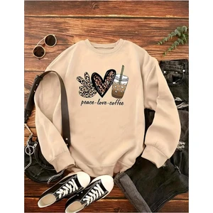 Peace Love Coffee Baskılı Bisiklet Yaka Bej Sweatshirt
