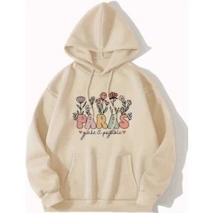 Paras Flower Baskılı Kapüşonlu Cepli Pamuklu Bej Sweatshirt