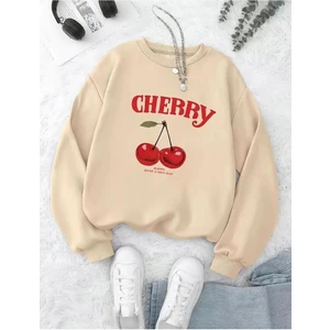 Cherry Baskılı Bisiklet Yaka Bej Sweatshirt