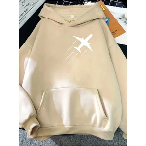 Uçak Baskılı Kapüşonlu Cepli Pamuklu Bej Sweatshirt