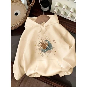 Güneş Ay Gezegen Baskılı Kapüşonlu Cepli Pamuklu Bej Sweatshirt