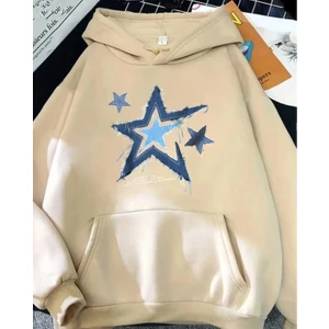 Yıldız Kot Hoodie Baskılı Kapüşonlu Cepli Içi Yünlü Bej Sweatshirt