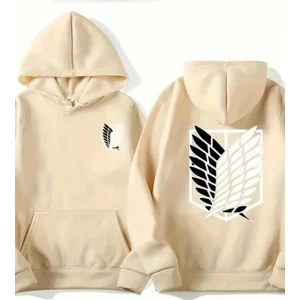 Aot Keşif Birliği Arka Göğüs Baskılı Kapüşonlu Cepli Içi Yünlü Bej Sweatshirt