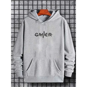 Gamer Baskılı Kapüşonlu Cepli Pamuklu Gri Sweatshirt