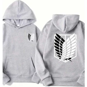 Aot Keşif Birliği Arka Göğüs Baskılı Kapüşonlu Cepli Içi Yünlü Gri Sweatshirt