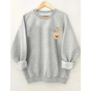 Çiçekli Cep Göğüs Baskılı Bisisklet Yaka Gri Sweatshirt