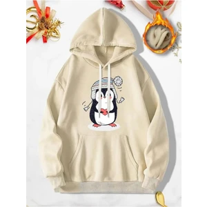 Şapkalı Penguen Desenli 2 Iplik Şardonlu Cepli Kapüşonlu Sweatshırt