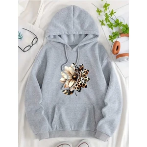 Yarı Leopar Çiçek Baskılı Kapüşonlu Cepli Içi Yünlü Gri Sweatshirt