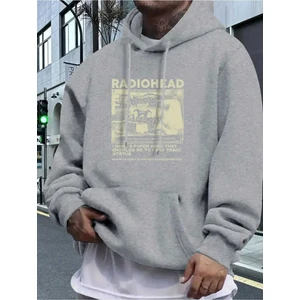 Radiohead Kapak Baskılı Kapüşonlu Cepli Içi Yünlü Gri Sweatshirt