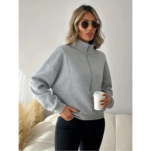 Kadın Yarım Fermuarlı Dik Yaka Özel Tasarım Içi Yünlü Gri Sweatshirt