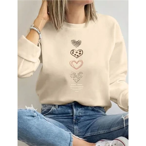 Basit Kalp Çizim Baskılı Bisiklet Yaka Bej Sweatshirt