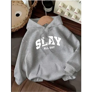 Slay All Day Baskılı Kapüşonlu Cepli Içi Yünlü Gri Sweatshirt