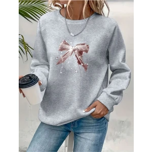 Parlak Pembe Kurdele Baskılı Bisiklet Yaka Gri Sweatshirt