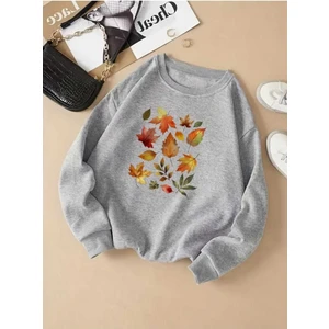 Sonbahar Yaprakları Baskılı Bisiklet Yaka Gri Sweatshirt