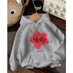 Hibiscus Baskılı Kapüşonlu Cepli Pamuklu Gri Sweatshirt