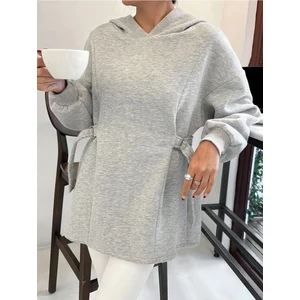 Kadın Kapüşonlu Özel Tasarım Kuşaklı Gri Sweatshirt