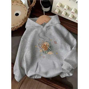 Güneş Ay Gezegen Baskılı Kapüşonlu Cepli Pamuklu Gri Sweatshirt