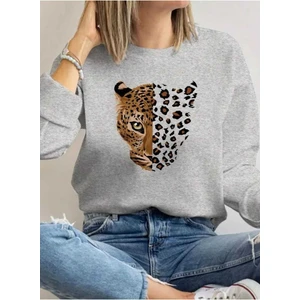Yarım Yüz Leopar Baskılı Bisiklet Yaka Gri Sweatshirt