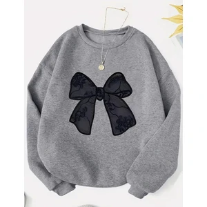 Siyah Desenli Kurdele Baskılı Bisiklet Yaka Gri Sweatshirt