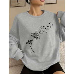 Karahindiba Baskılı Bisiklet Yaka Gri Sweatshirt