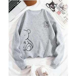 Sevimli Ayı Baskılı Bisiklet Yaka Gri Sweatshirt