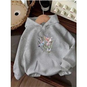 Mini Çiçek Buketi Baskılı Kapüşonlu Cepli Pamuklu Gri Sweatshirt