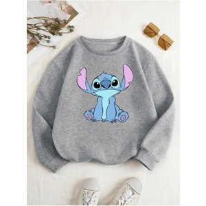 Stitch Baskılı Bisiklet Yaka Gri Sweatshirt