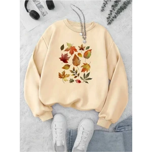 Sonbahar Yaprakları Baskılı Bisiklet Yaka Bej Sweatshirt