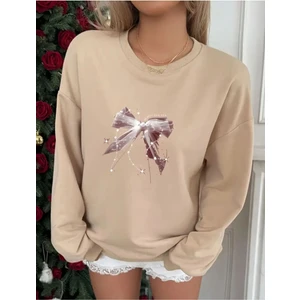 Parlak Pembe Kurdele Baskılı Bisiklet Yaka Bej Sweatshirt