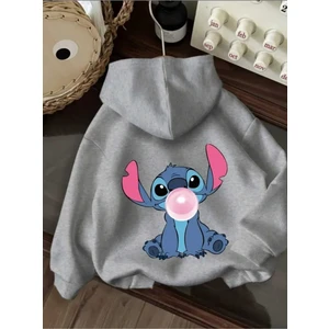Stitch Arka Baskılı Kapüşonlu Cepli Içi Yünlü Gri Sweatshirt