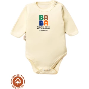 Unisex Bebek %100 Pamuklu Baba Baskılı 3-6-9-12 Ay Bebek Body Ekru Badi Zıbın