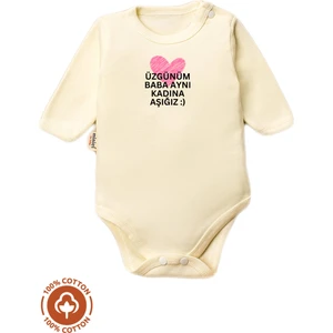 Unisex Bebek %100 Pamuklu Uzgunum Baba Baskılı 3-6-9-12 Ay Bebek Body Ekru Badi Zıbın