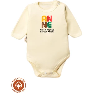 Unisex Bebek %100 Pamuklu Anne Baskılı 3-6-9-12 Ay Bebek Body Ekru Badi Zıbın
